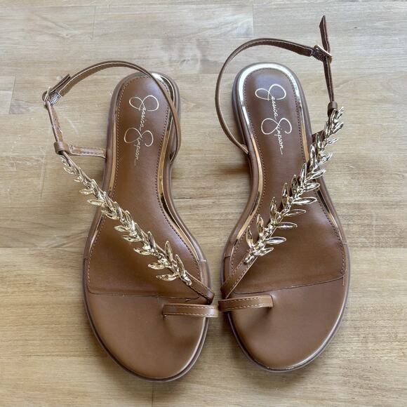 Women's Jessica Simpson Gold Leaf Metallic Flip Flops brown Flats 9.5 NEW - Picture 1 of 7